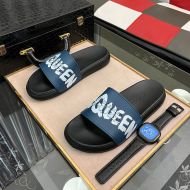 Alexander Mcqueen Pool Slides Unisex Rubber with Graffiti Logo Black/Navy Blue