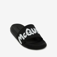 Alexander Mcqueen Pool Slides Unisex Rubber with Graffiti Logo Black/White