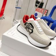 Alexander Mcqueen Sprint Runner Sneakers Women Suede with Applique Seal Logo Khaki/Red