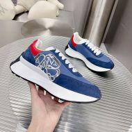 Alexander Mcqueen Sprint Runner Sneakers Women Suede with Applique Seal Logo Navy Blue