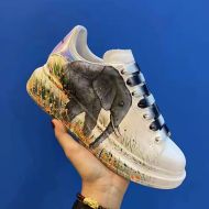 Alexander Mcqueen Oversized Sneakers Unisex Calf Leather with Doodle Elephant White