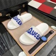 Alexander Mcqueen Pool Slides Unisex Rubber with Graffiti Logo White/Blue