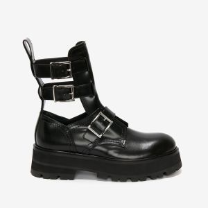 Alexander Mcqueen Rave Buckle Boots Women Calf Leather with Ankle Straps Black