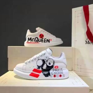 Alexander Mcqueen Oversized Sneakers Unisex Calf Leather with Asymmetrical Graffiti White